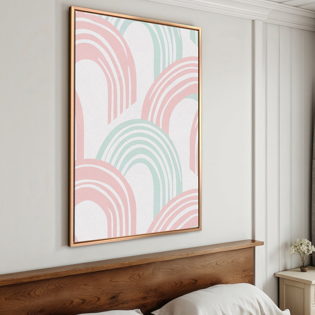 Framed Wall Art featuring a modern abstract design with pink and mint arches. Perfect for adding a pop of color to your bedroom decor.