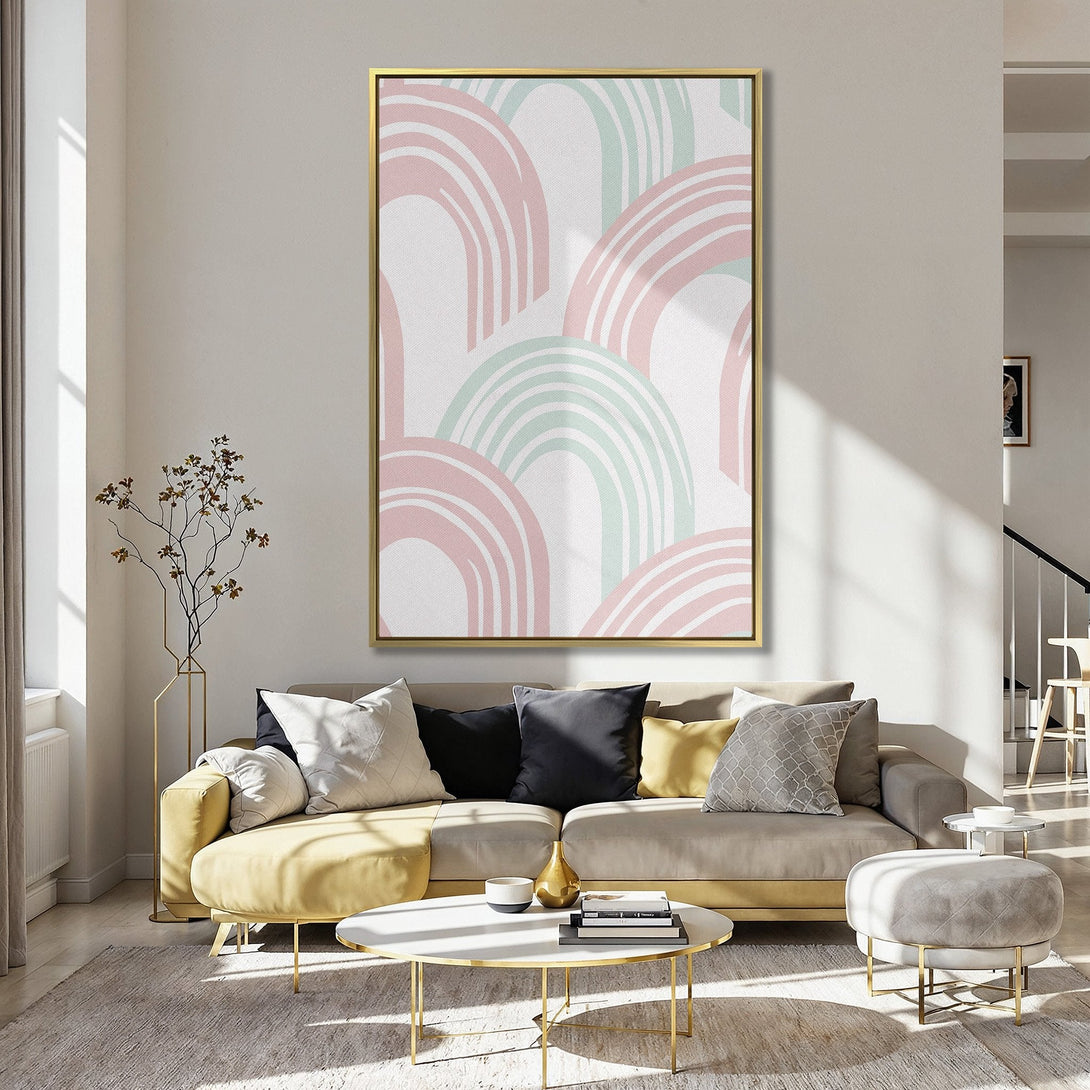 Canvas Print featuring a modern abstract rainbow design in pastel pink and mint hues, perfect for adding a touch of color to your home.