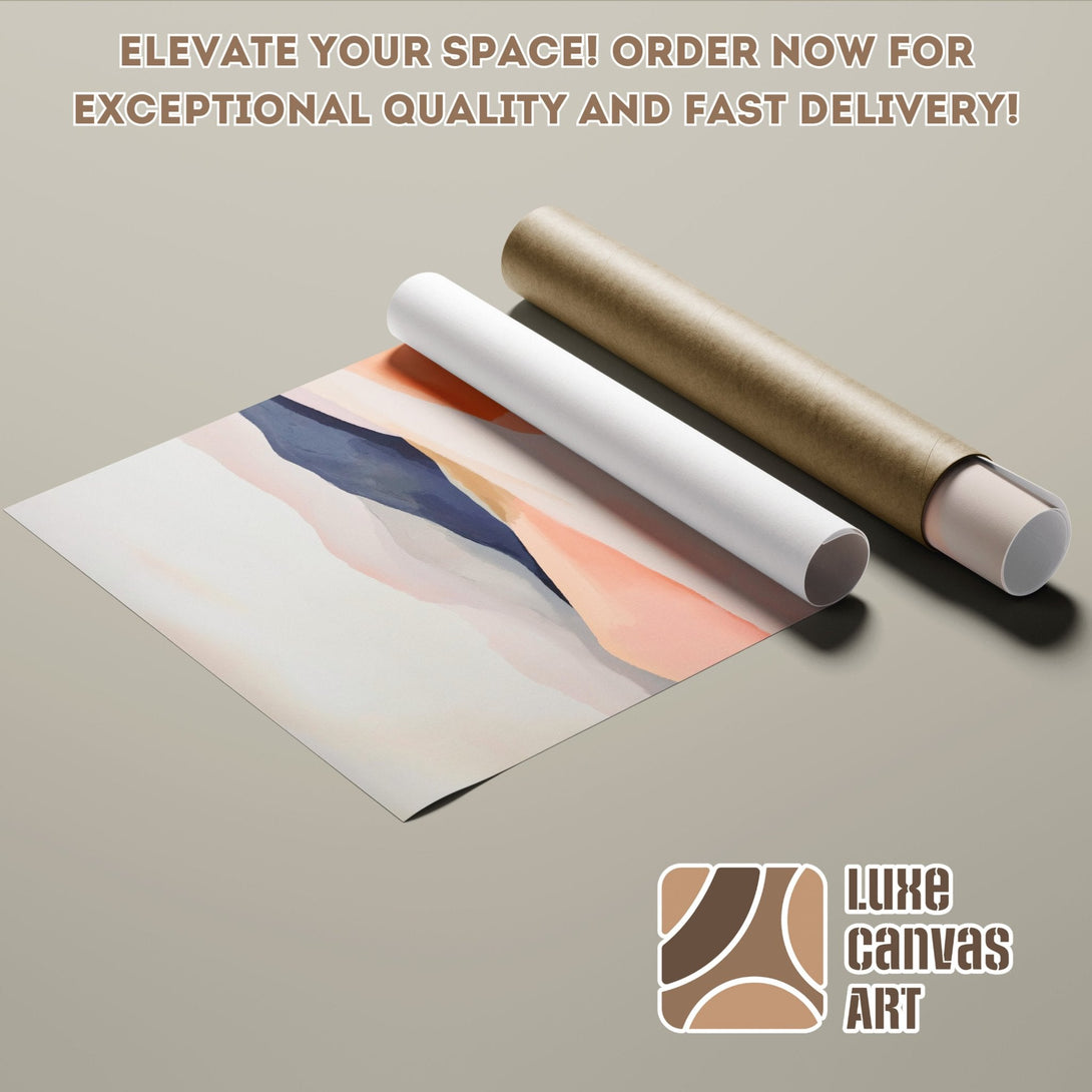 Abstract landscape Poster Roll in peach, blue, and neutral tones. Elevate your space with this modern art print. Fast delivery!