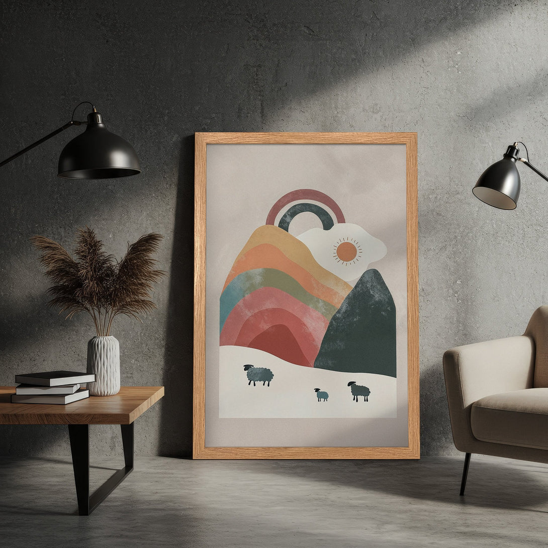 Framed Poster featuring a mountain landscape with sheep, in a minimalist, earthy style with a warm, pastel color palette.