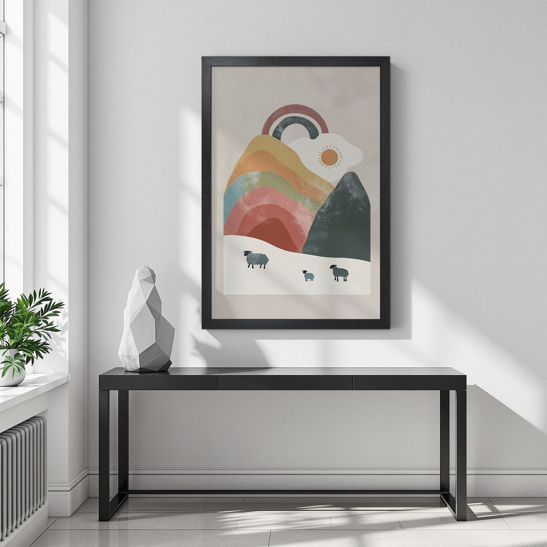 Framed Poster featuring a whimsical landscape with rainbow, sheep, and mountains in a neutral color palette. Perfect wall art for your home!