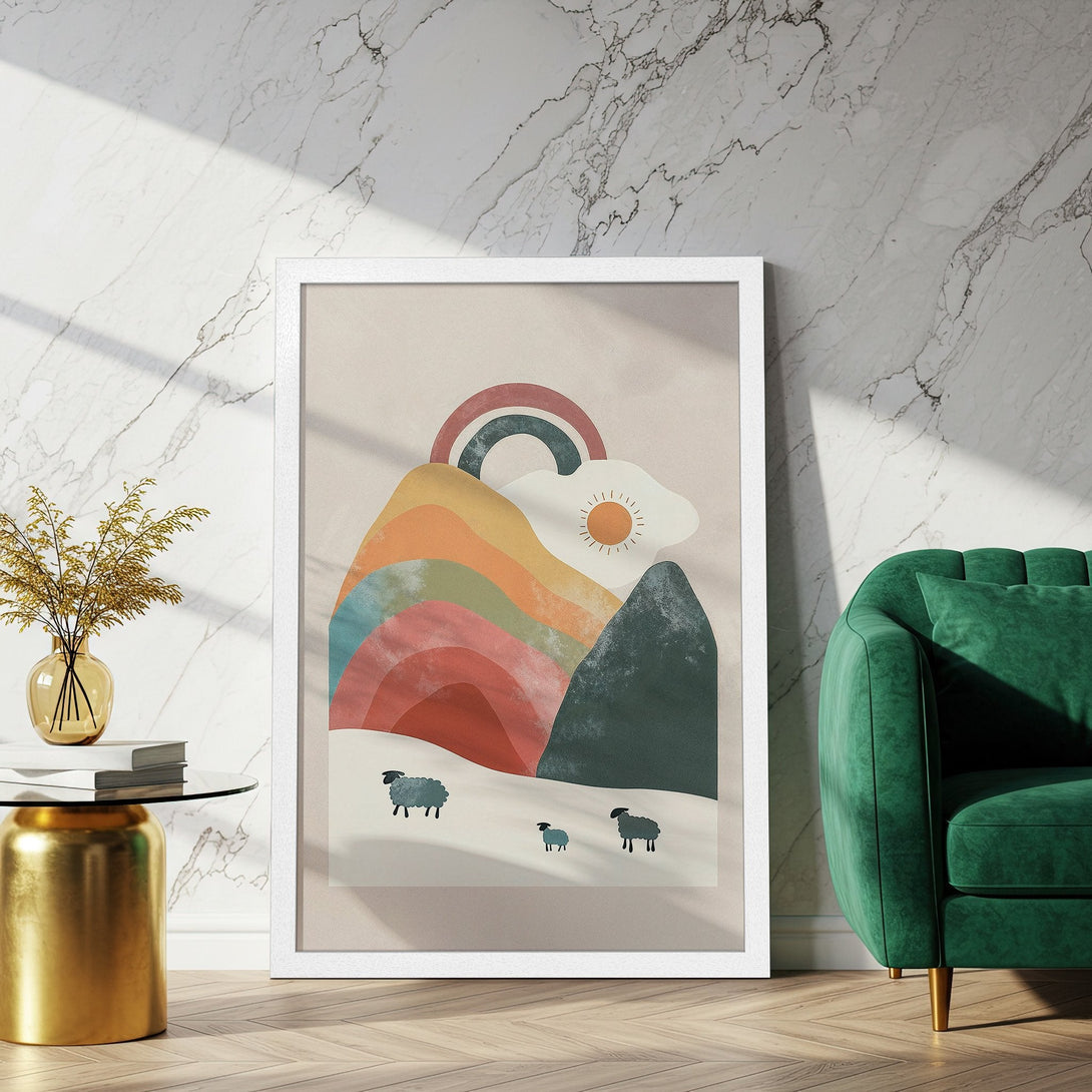 Framed Poster featuring a colorful mountain landscape with sheep, in a minimalist style, warm earthy tones. Perfect wall art!