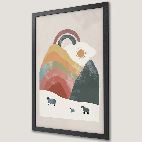 Framed Poster featuring a whimsical landscape with a rainbow, mountains, and sheep. Modern, minimalist style with a warm, earthy color palette.