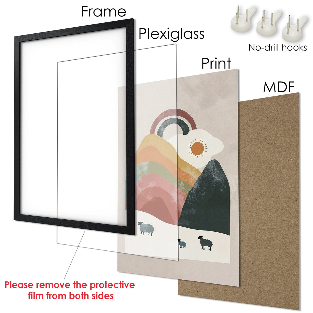 Framed Poster featuring an abstract landscape with a rainbow, sheep, and sun. Earthy tones and minimalist style. Perfect wall art!