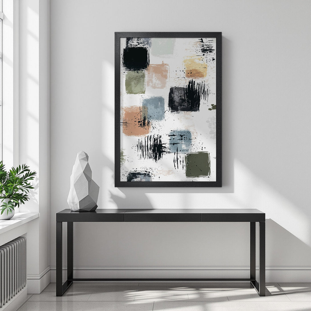 Framed Poster featuring abstract brushstroke art in neutral tones. Modern wall decor for any space.