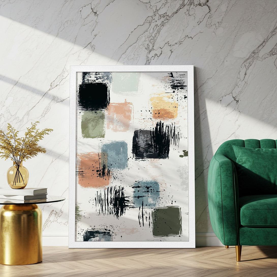 Framed Poster featuring abstract brushstroke art in a neutral palette with pops of color. Perfect modern wall decor!