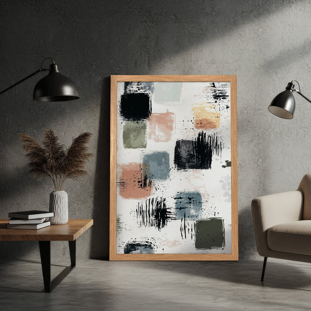 Framed Poster: Abstract art print with brushstroke squares in neutral tones. Modern wall art for home decor.