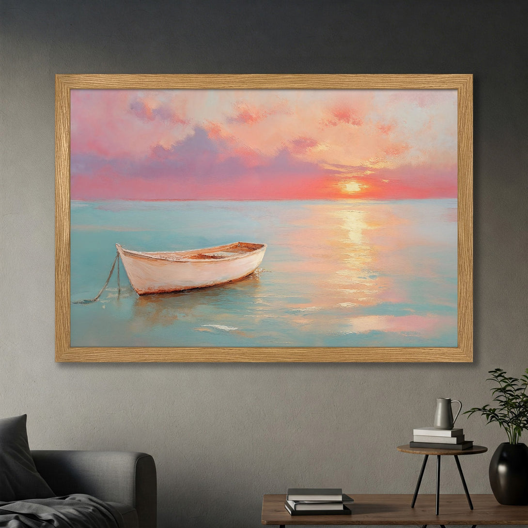 Framed Poster of a boat at sunset. Impressionistic style with pink, blue, and orange hues. Perfect wall art for a calming atmosphere.