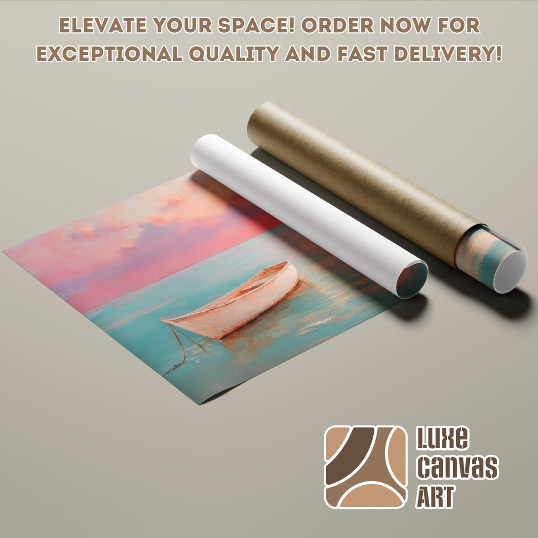 Poster Roll featuring a boat on water, impressionistic style, with a pink and teal color palette.