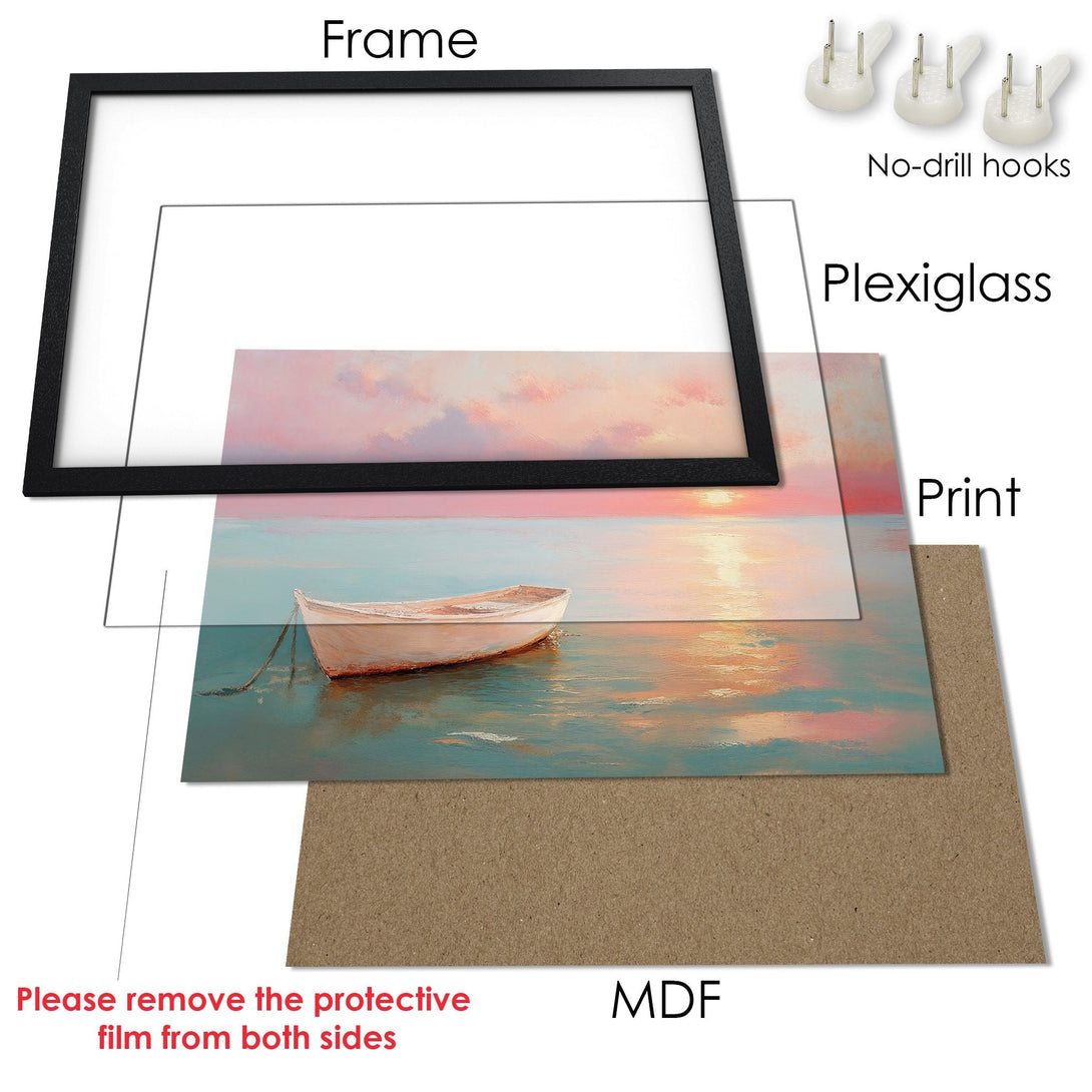 Framed Poster of a boat on the water, in a dreamy style with a pastel color palette. Perfect wall art!