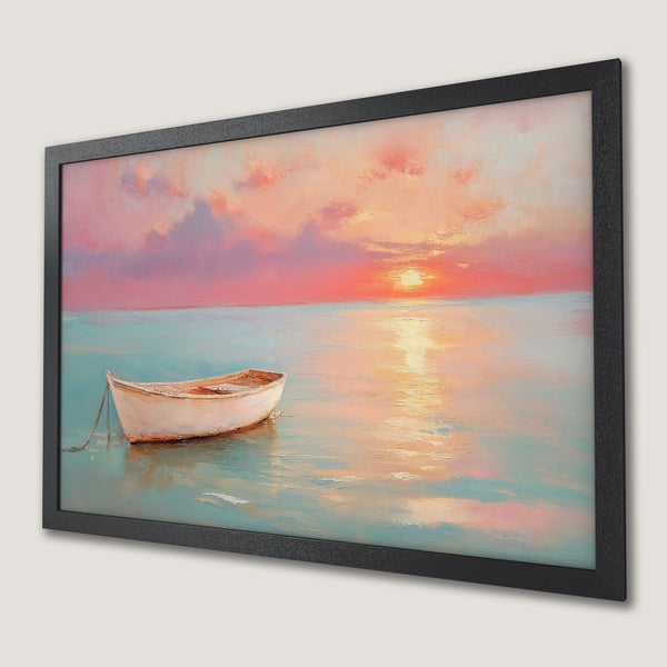 Framed Poster of boat on water at sunset, impressionist style, pink & blue color palette.