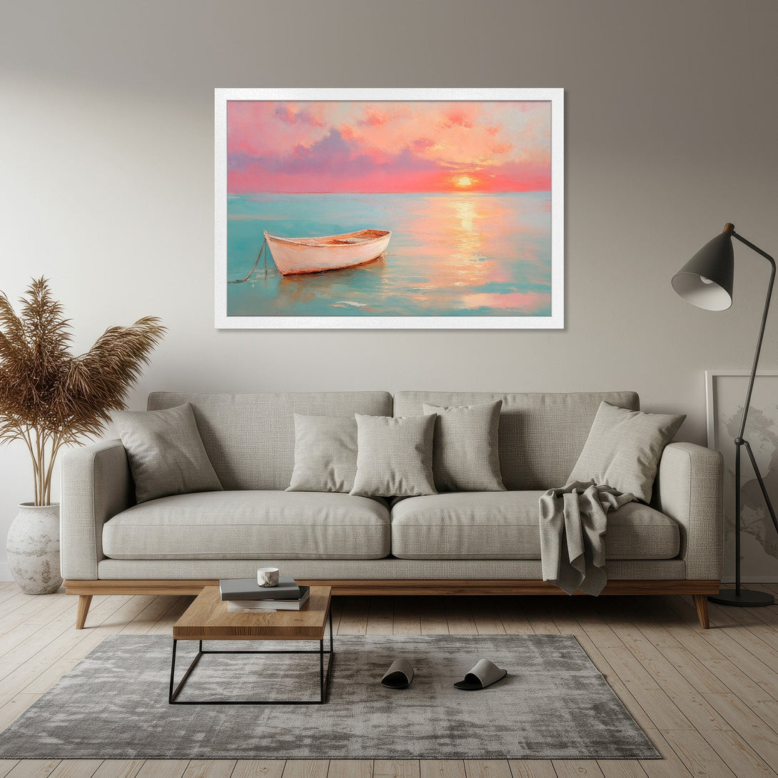 Framed Poster of a boat at sunset. Impressionistic style with pink, orange, and teal color palette. Add a touch of tranquility to your space.