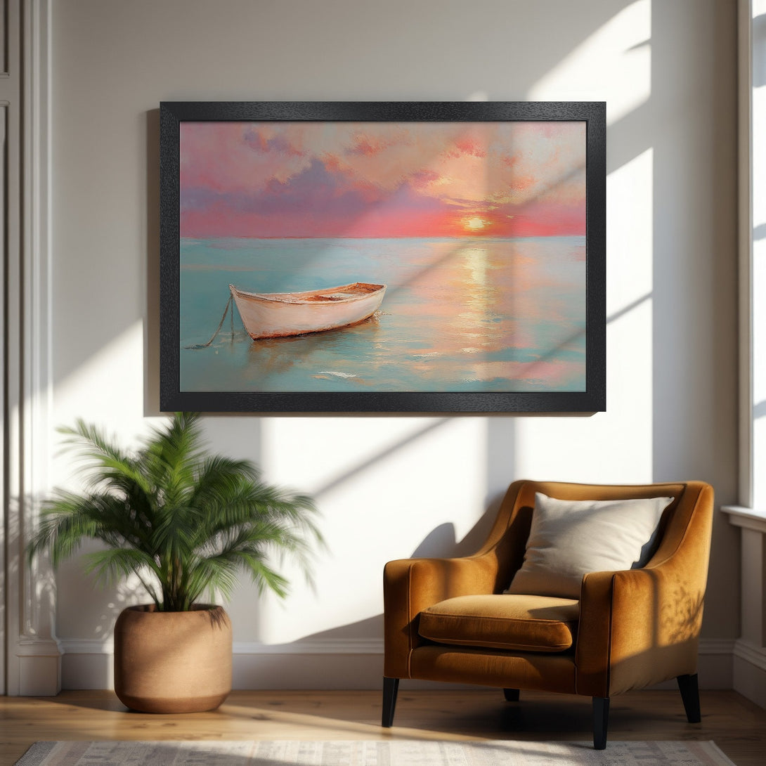 Framed Poster of a boat on water at sunset. Romantic art style, with a warm pink and blue color palette. Perfect wall decor.