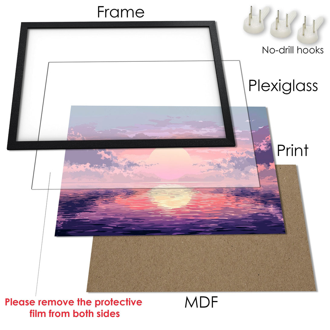 Framed Poster featuring a serene sunset over water, in a dreamy style with a purple and pink color palette. Perfect wall art!