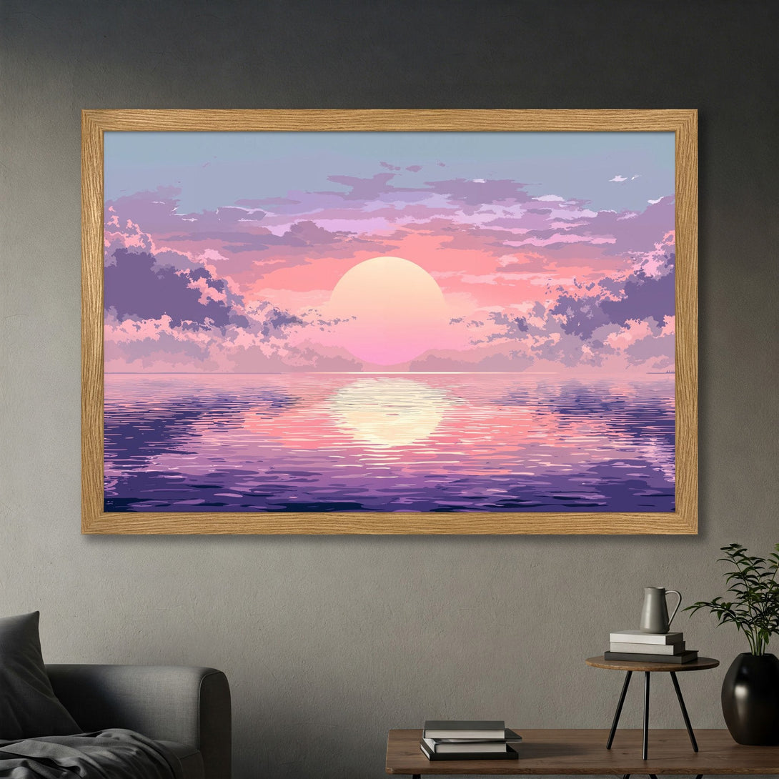 Framed Poster of a sunset over water, anime style, featuring a pink and purple color palette. Add a touch of serenity to your space!