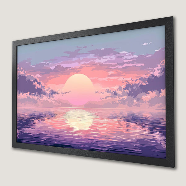 Framed Poster featuring a sunset over water in a dreamy, anime style. Soft pinks, purples, and blues create a calming aesthetic.