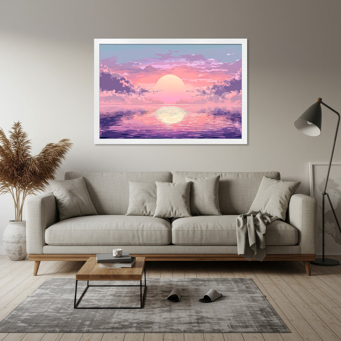 Framed Poster featuring a sunset over water in a dreamy, pastel color palette. Perfect wall art for a calming aesthetic.