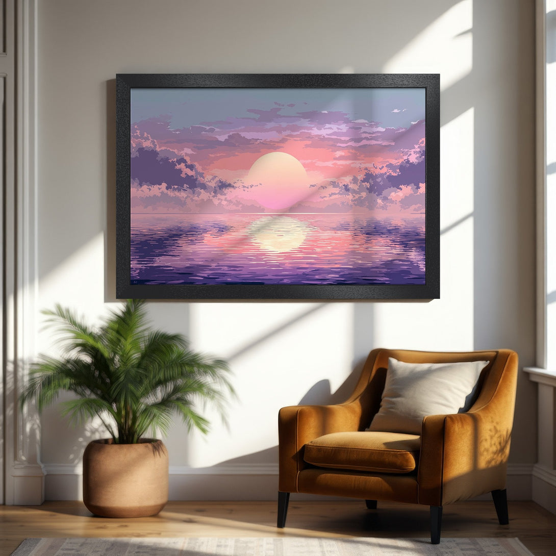 Framed Poster of a sunset over water, in a dreamy, anime style with a purple and pink color palette. Perfect wall art!