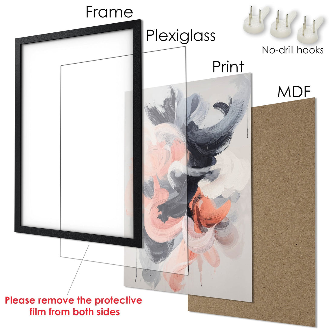 Framed Poster art print with abstract brushstrokes in a neutral and coral palette. Modern wall decor for your home.