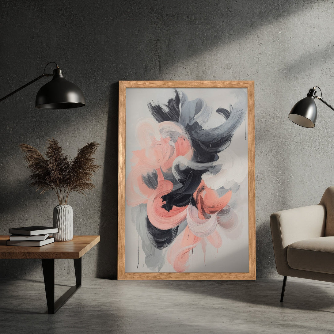 Framed Poster featuring abstract brushstrokes in pink, gray, and black. Modern art style, perfect for any space.