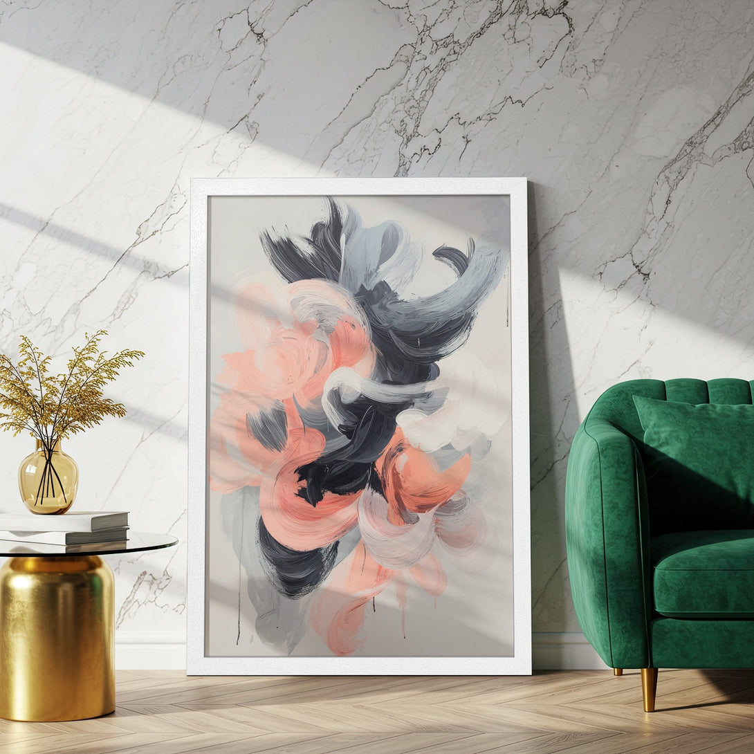 Framed Poster featuring abstract brushstroke art in a modern style. Soft pink, gray, and black color palette. Elevate your space!