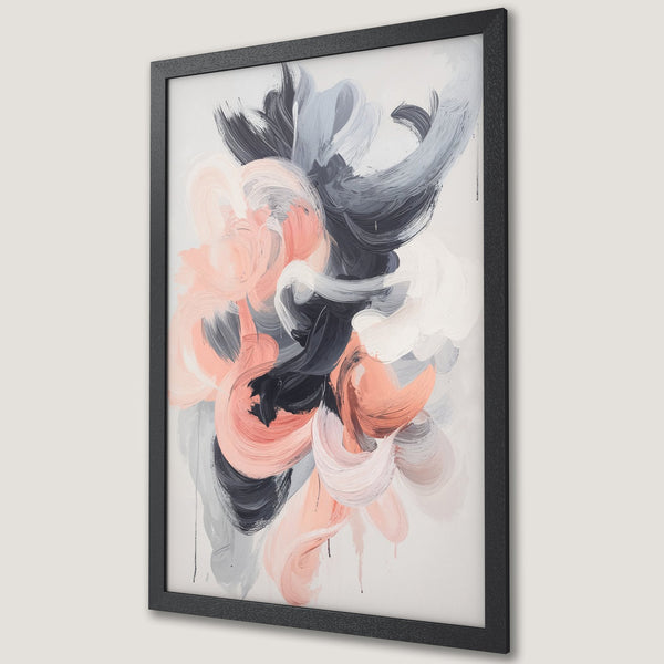 Framed Poster featuring abstract brushstroke art in a modern style. Color palette includes blush, gray, and black. Perfect wall decor.