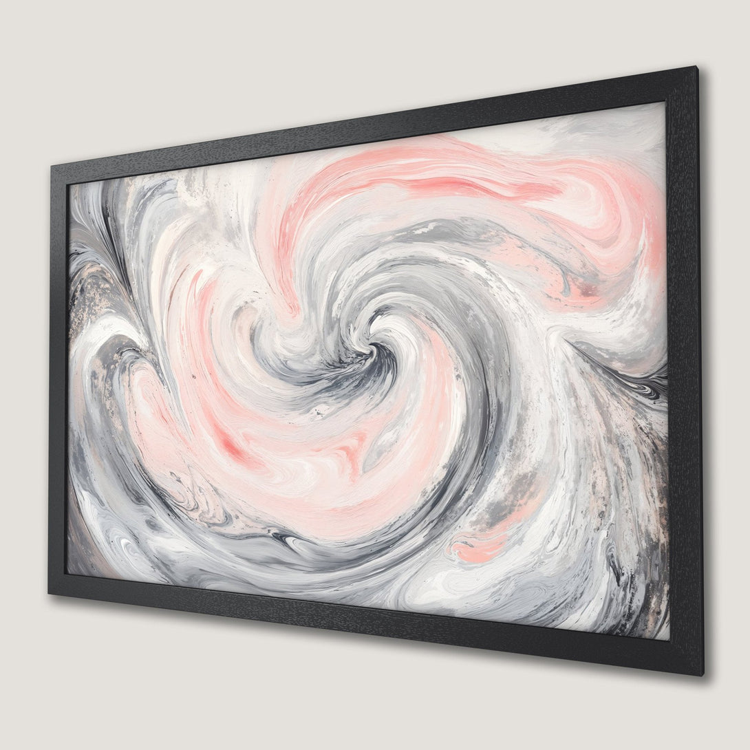 Framed Poster featuring abstract swirl art in gray, pink, and white. Modern decor for your home!