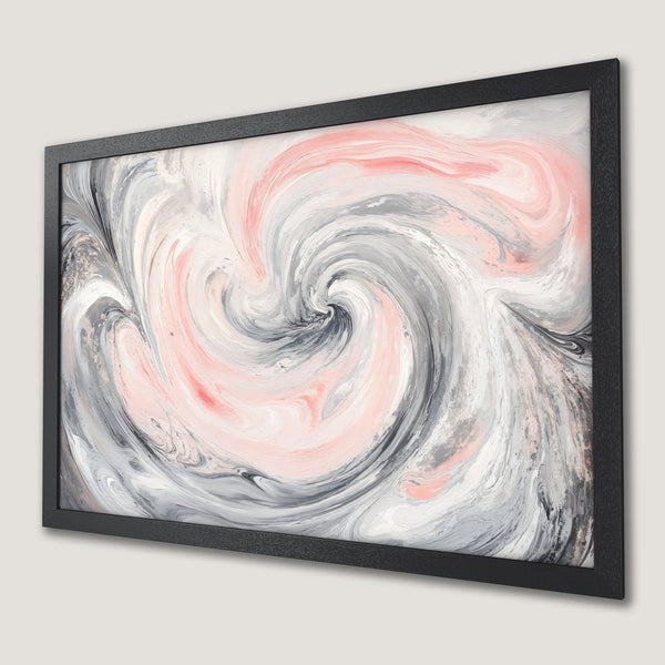 Framed Poster featuring abstract swirl art in gray, pink, and white. Modern decor for your home!
