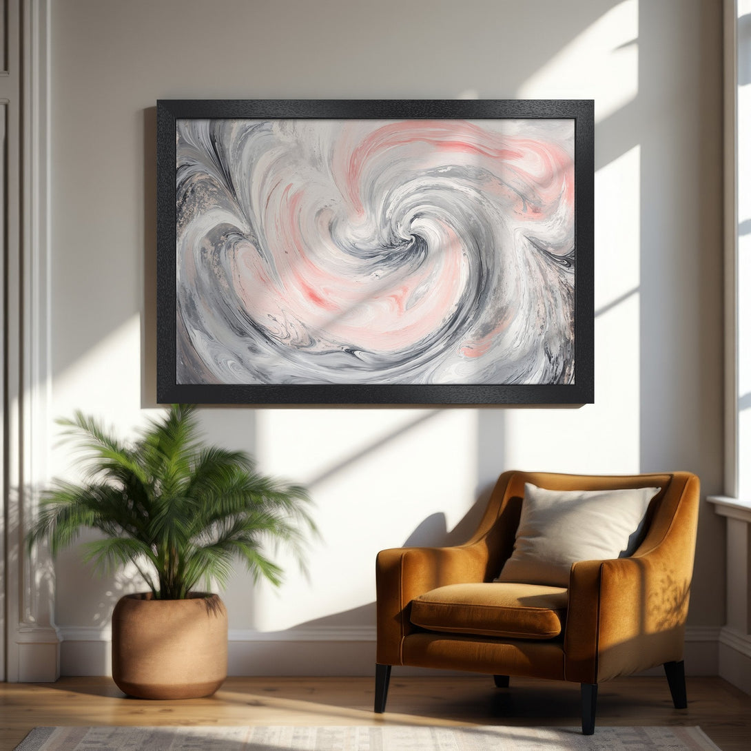 Framed Poster featuring abstract swirl art in gray, pink, and white. Modern style, perfect for home decor.