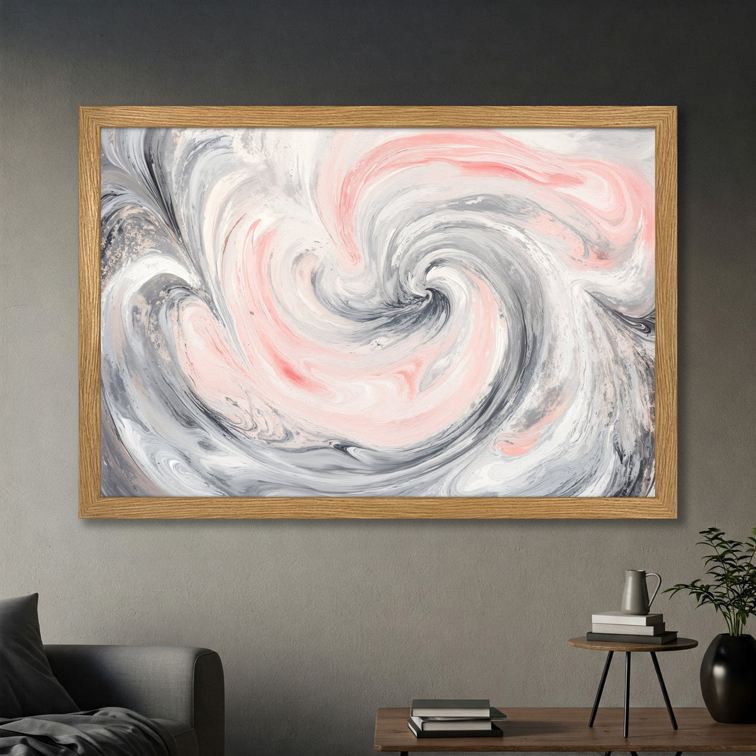 Framed Poster featuring abstract swirl art in a modern style with pink, gray, and white color palette. Perfect wall decor!