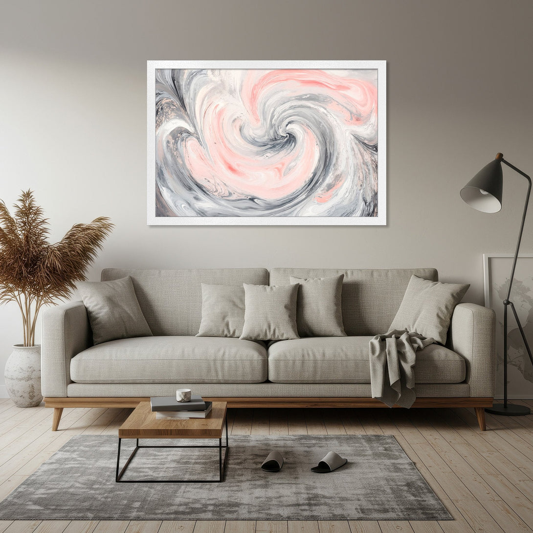 Framed Poster featuring abstract swirl art in pink, gray, and white. Modern wall decor for living room.