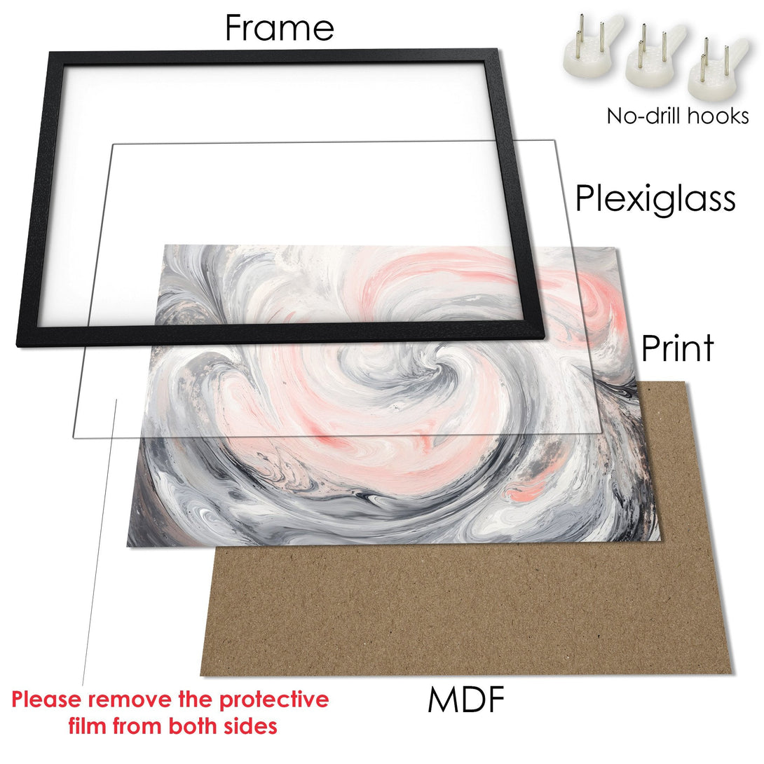 Framed Poster with abstract art in gray, pink, and white. Modern style art print ready to hang.