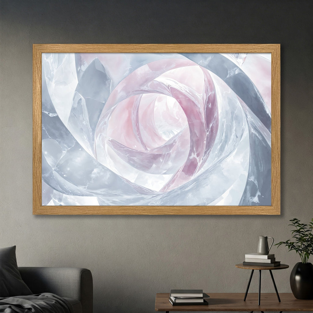 Framed Poster featuring an abstract swirl design in soft pink, gray, and white. Modern art print for home decor.