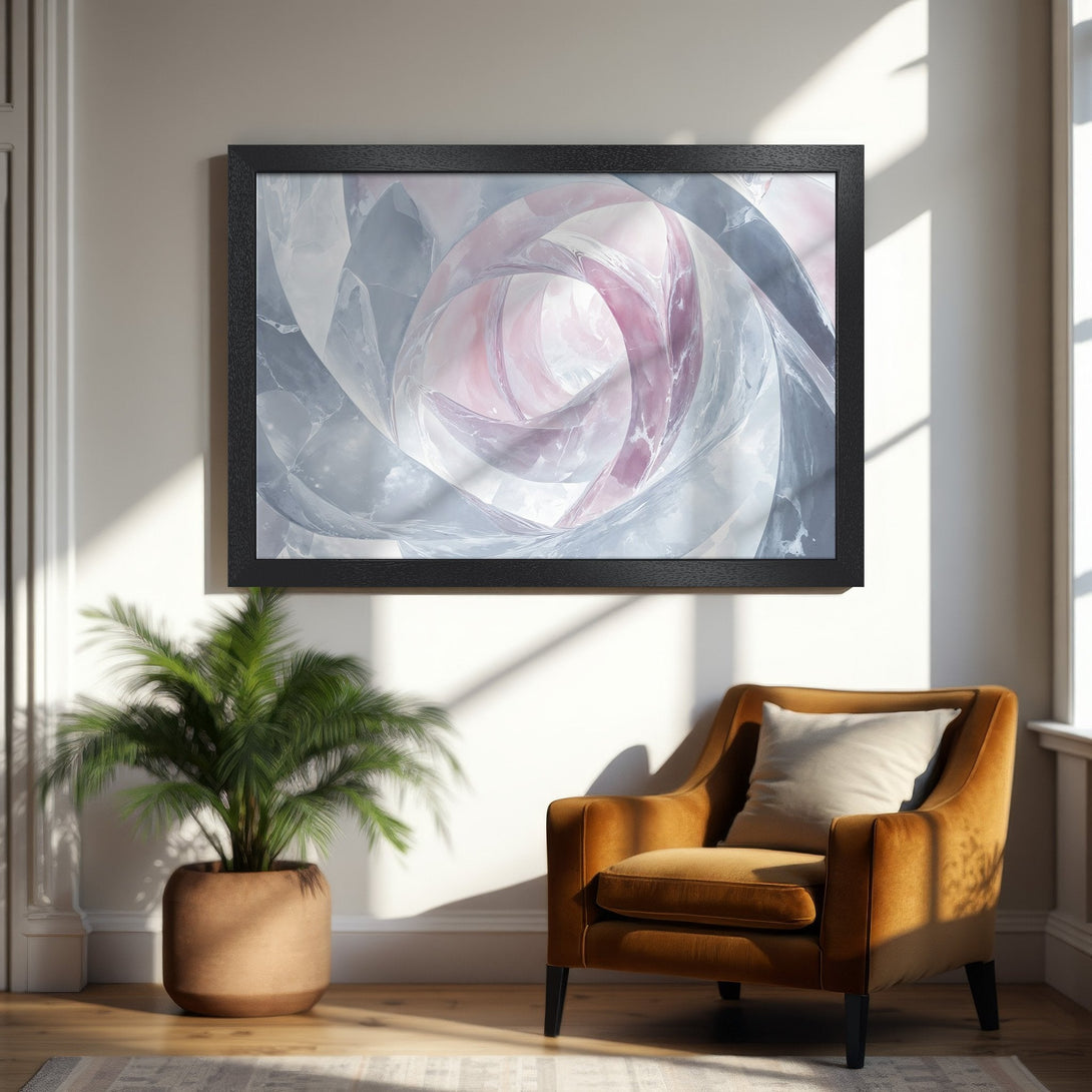 Framed Poster featuring abstract art in a soft pink and gray color palette. Modern style perfect for home decor.