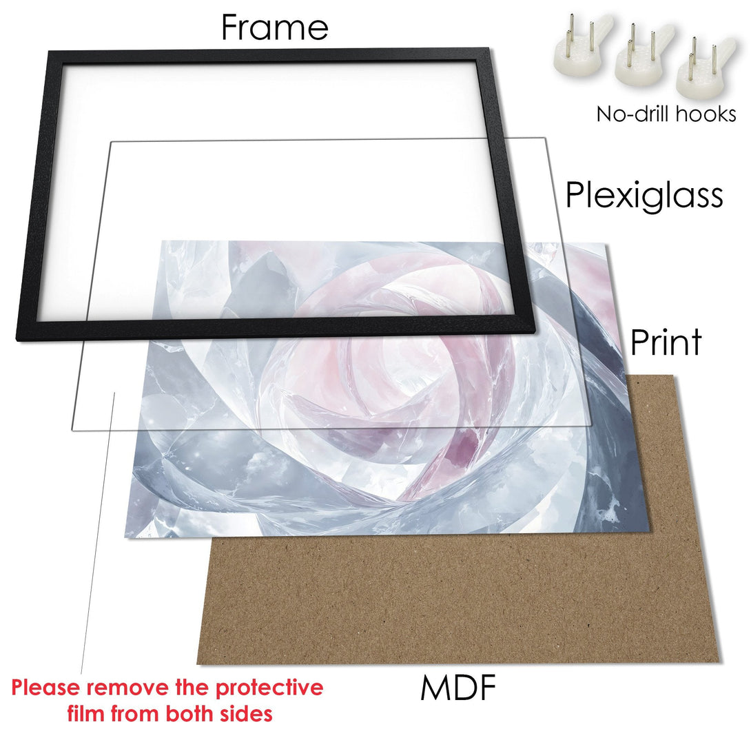 Framed Poster with abstract art in soft pink and blue tones. Modern wall decor for any space.