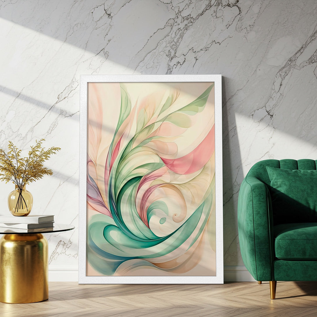 Framed Poster featuring an abstract floral design in pastel pink, green, and beige tones. Modern art for your home!
