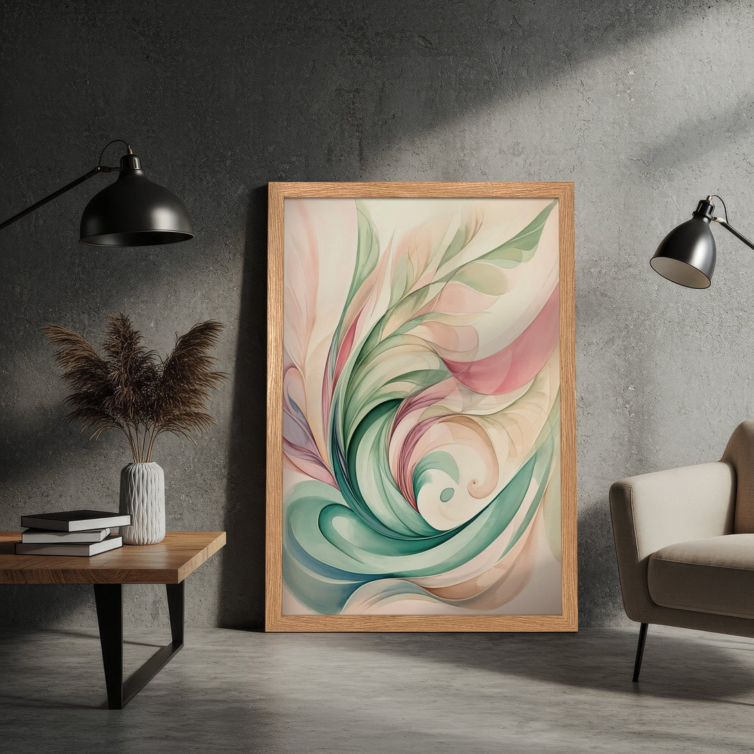 Framed Poster featuring abstract floral art in soft pastel green, pink, and beige tones. Perfect wall decor for a modern home.
