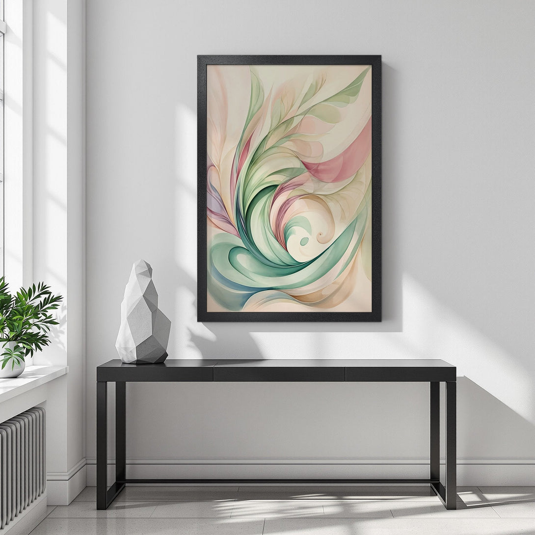 Framed Poster featuring an abstract watercolor design in pastel pinks, greens, and blues. Modern art for your home!