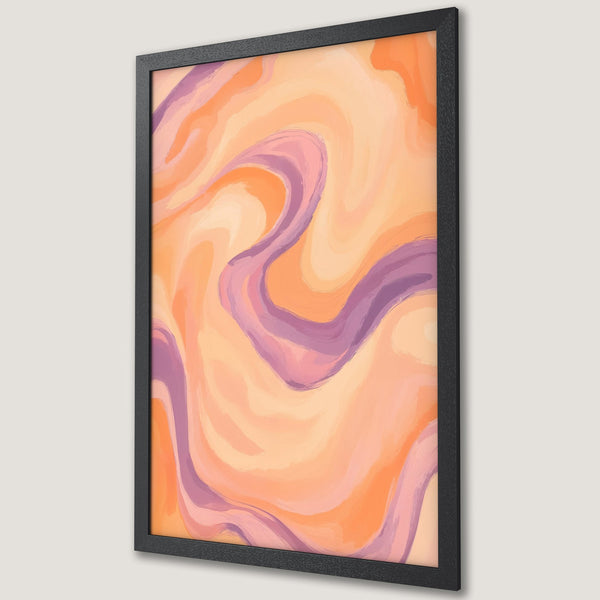 Framed Poster featuring abstract art with flowing brushstrokes in warm orange, peach, and purple hues. Modern wall decor.
