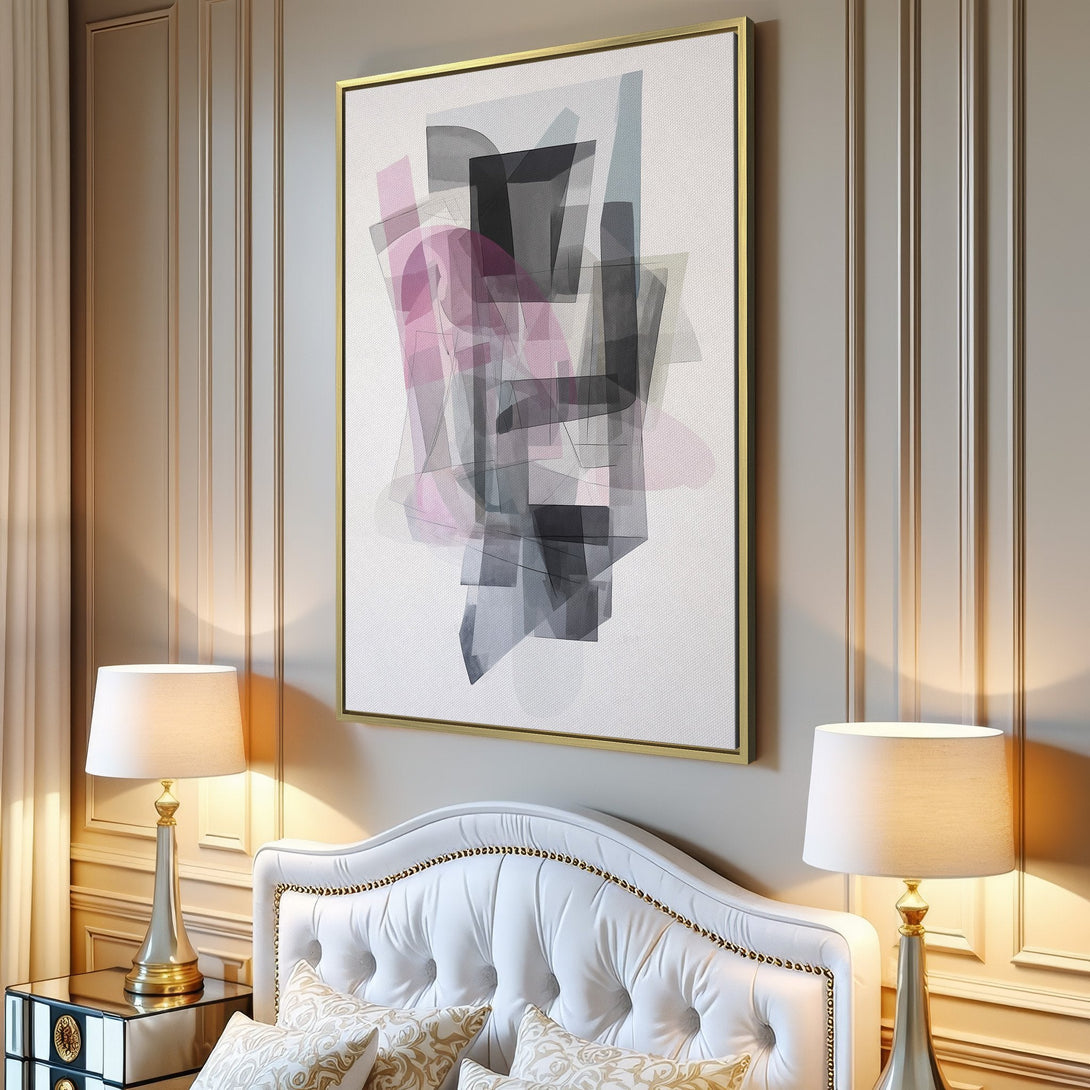 Canvas Print of abstract geometric art in a modern interior. Features a muted color palette of pink, gray, and black, perfect for minimalist decor.