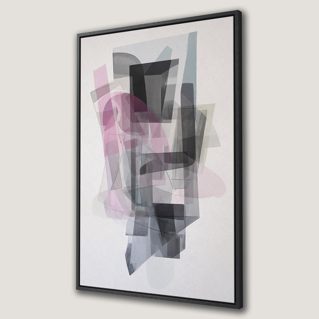 Framed Wall Art: Abstract geometric art in pink, gray, and black. Modern canvas print for your home decor. Enhance your space with this stylish artwork.