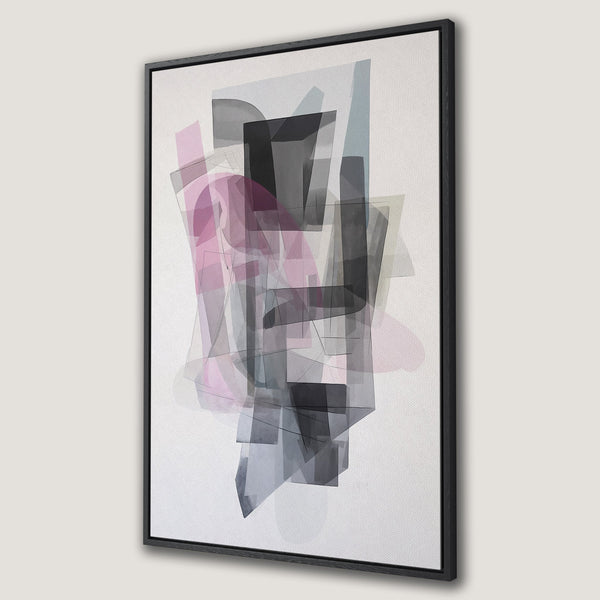 Framed Wall Art: Abstract geometric art in pink, gray, and black. Modern canvas print for your home decor. Enhance your space with this stylish artwork.
