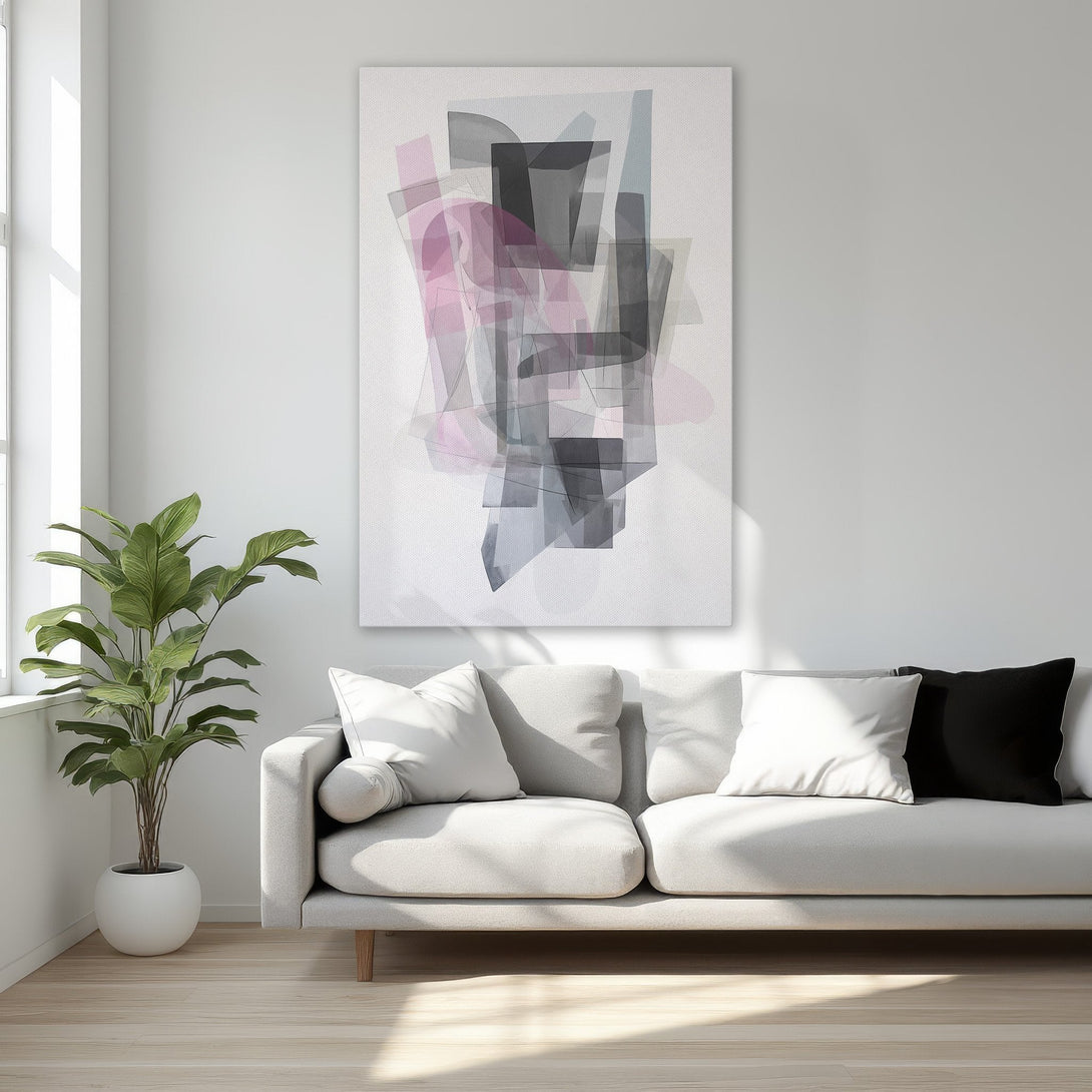Framed Wall Art: Abstract geometric art in pink, gray, and black. Modern canvas print adds a touch of elegance to any interior space.