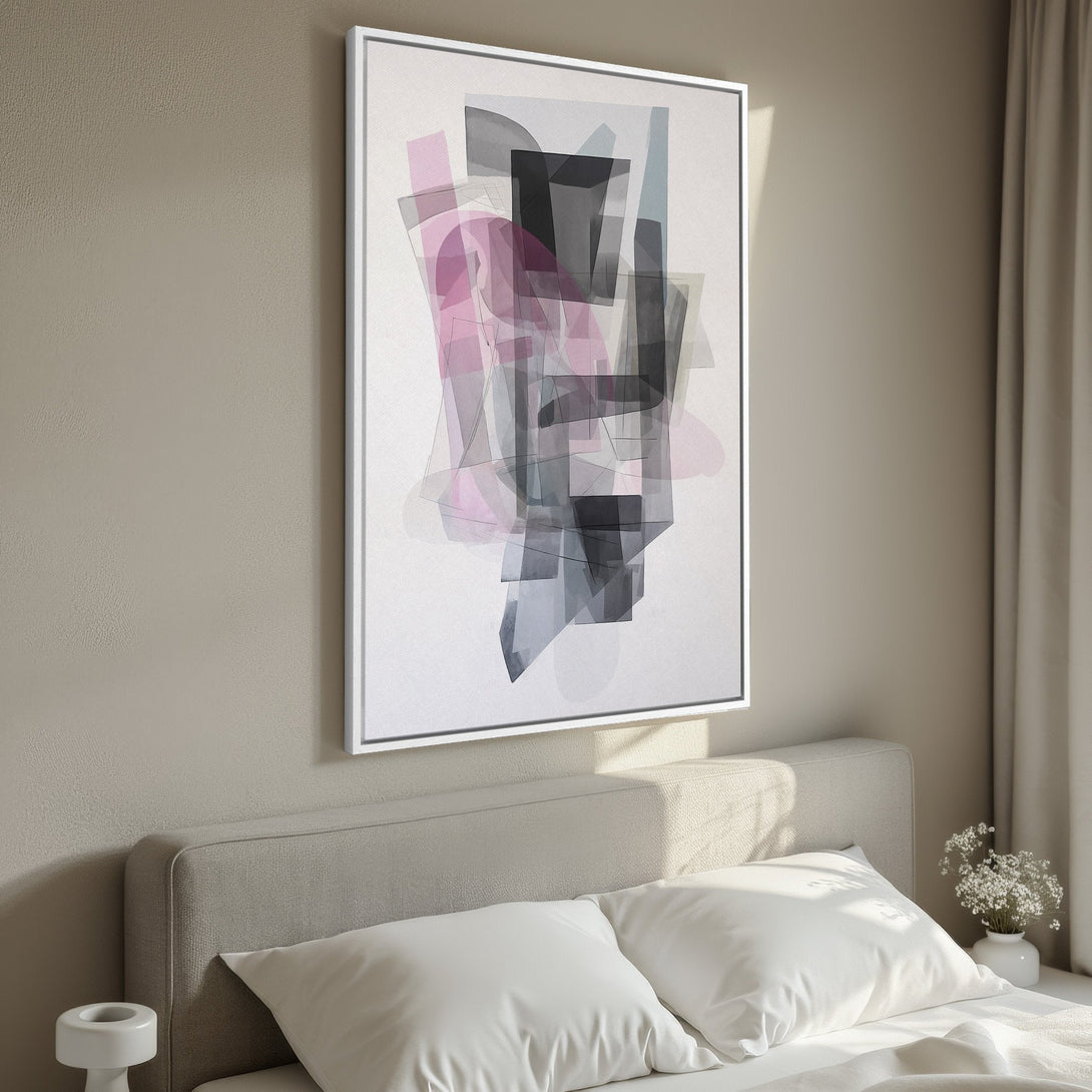 Framed Wall Art featuring an abstract geometric design in a soft pink, gray, and black color palette. Modern art for bedroom decor.