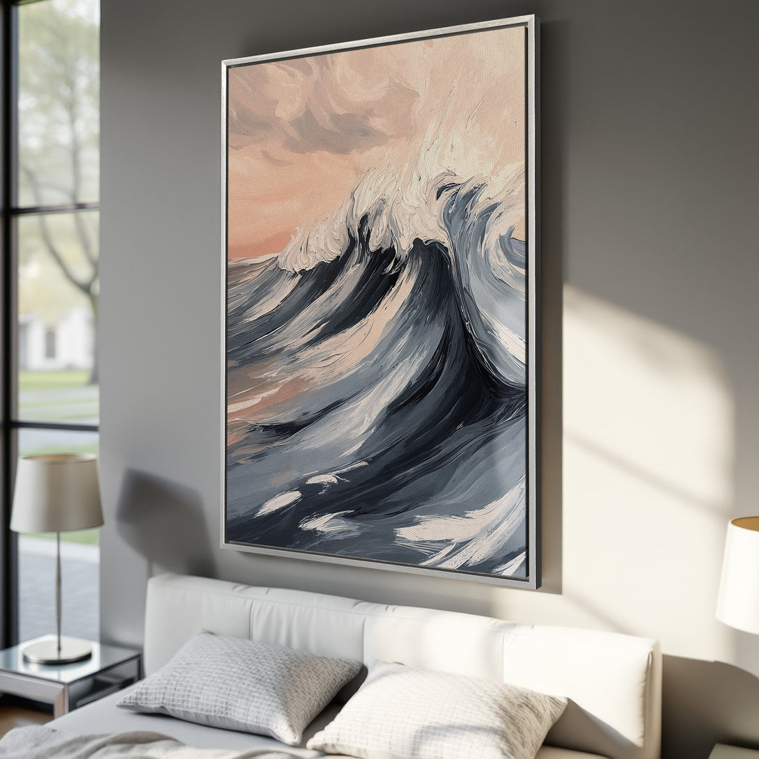 Framed Wall Art: Dramatic ocean wave painting in cool blues and grays, with a touch of peach. Modern abstract art for your home.