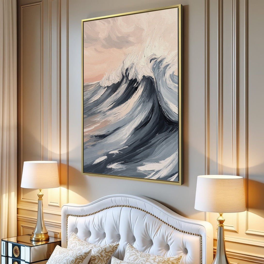 Canvas Print of a dramatic ocean wave in shades of blue, gray, and peach, adding coastal style to any space.