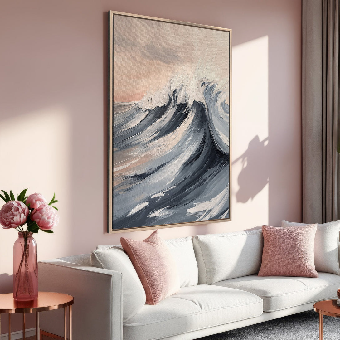 Framed Wall Art featuring a dramatic ocean wave painting in a modern, abstract style. Soft blue and gray palette, perfect for living room decor.