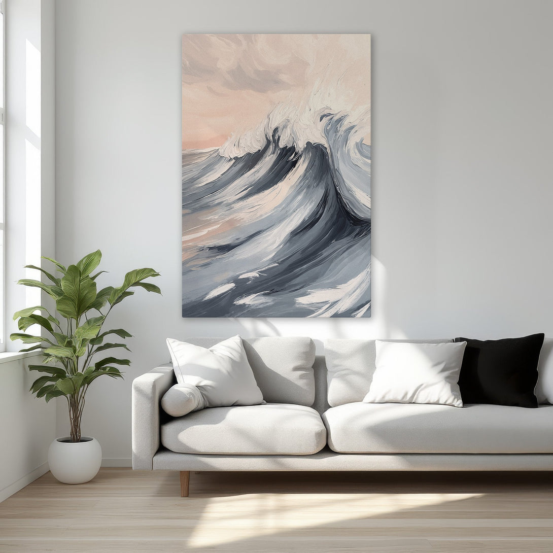 Framed Wall Art: Abstract wave painting in cool gray and blue tones. Modern art for your home decor. Canvas print adds a touch of elegance.