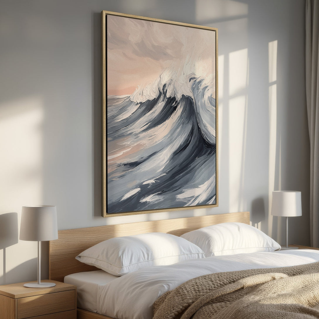 Framed Wall Art: Abstract wave painting in blue, gray, and blush tones. Modern art canvas print adds a calming touch to bedroom decor.