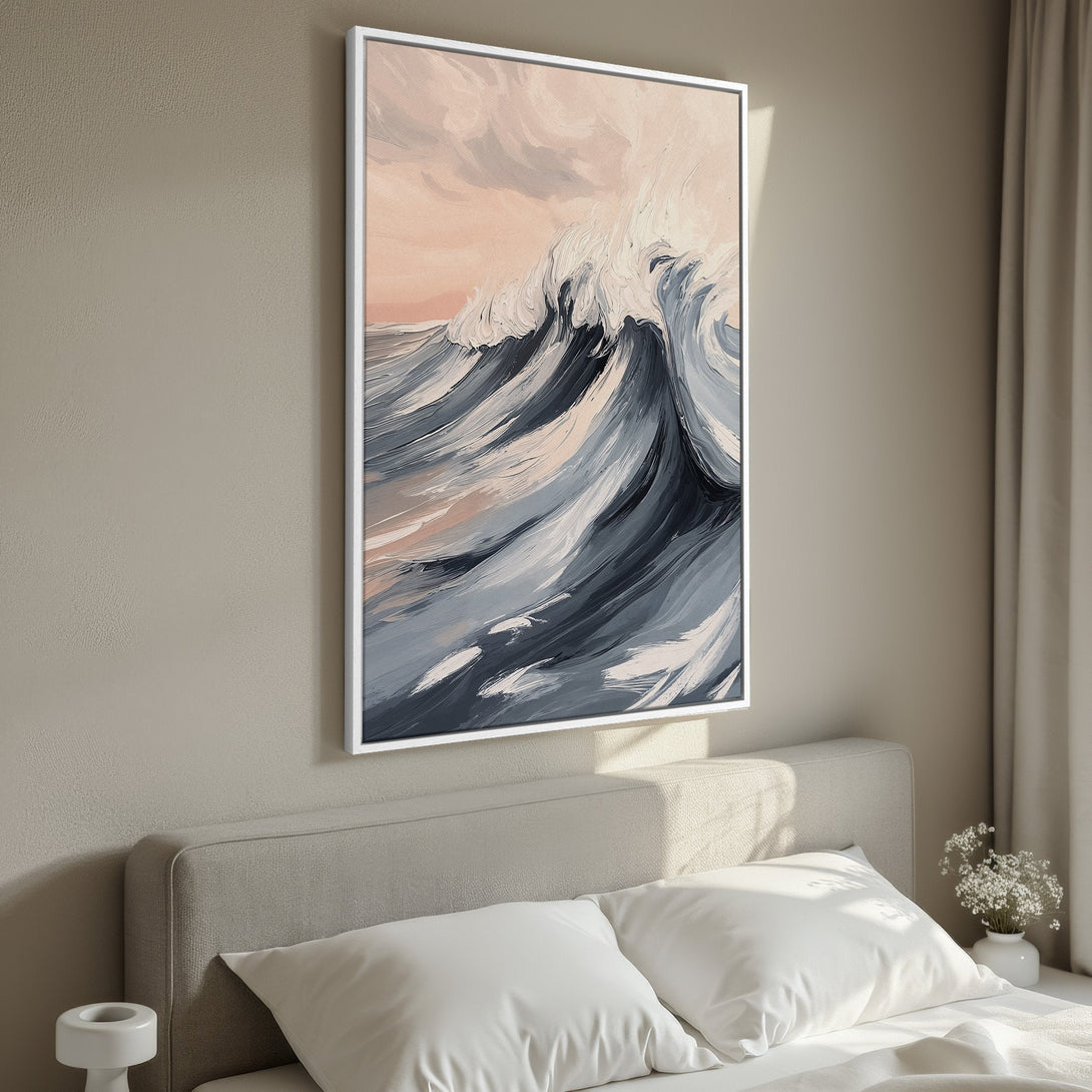Framed Wall Art: Abstract wave painting in blue, gray, and peach tones. Modern canvas art for bedroom decor. Enhance your space with this calming artwork.